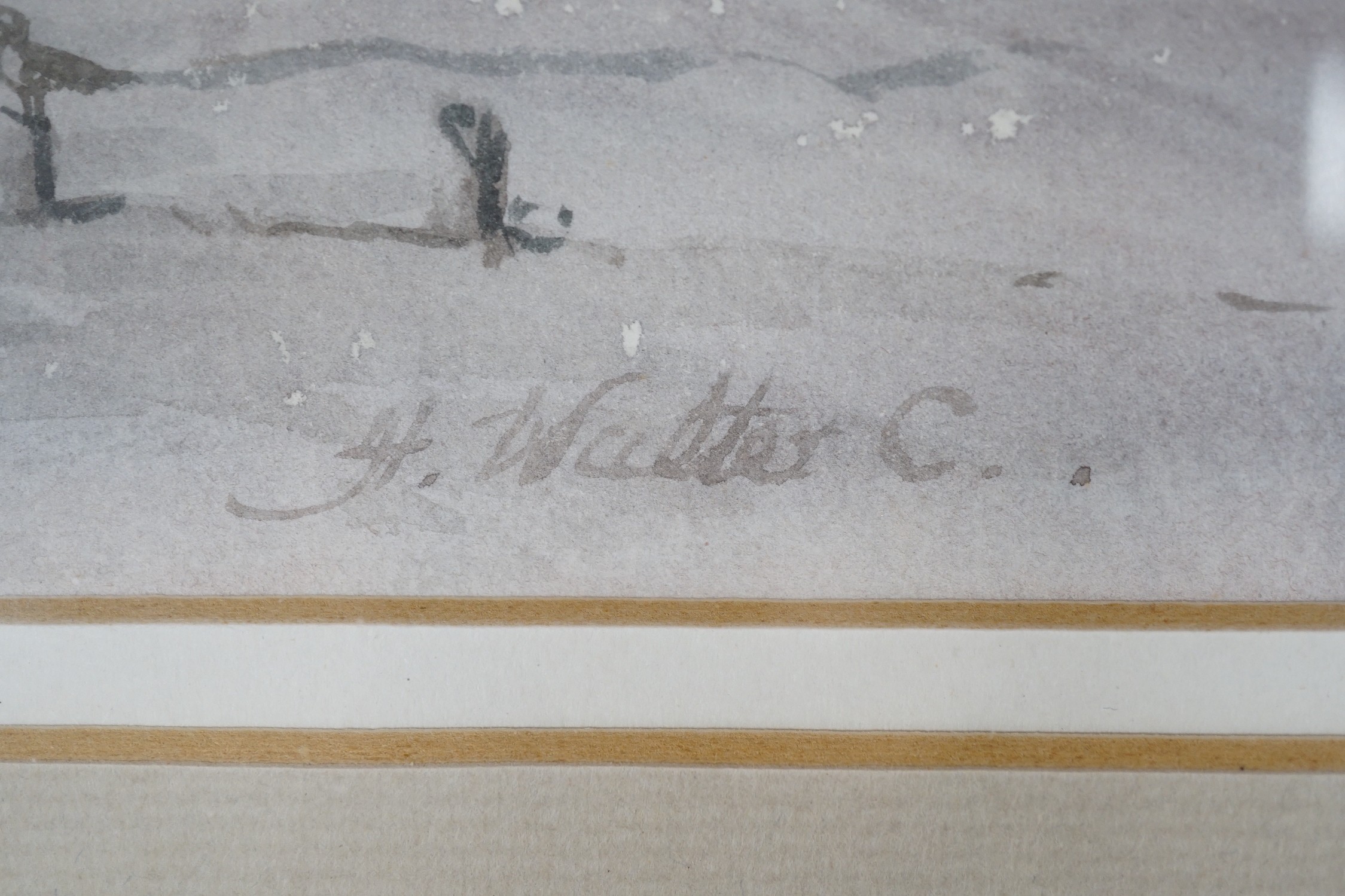 F. Walters, oil on canvas, Seascape, signed, 20 x 40cm, a watercolour of fisherfolk on the shore by H. Walter, 21 x 27cm, an Italian lake scene and an aquatint beach scene
